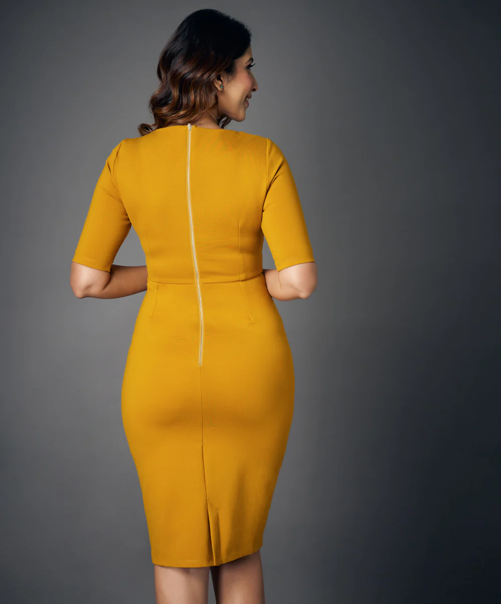 Half Sleeve Panel Bodycon Mustard Dress - Image 3