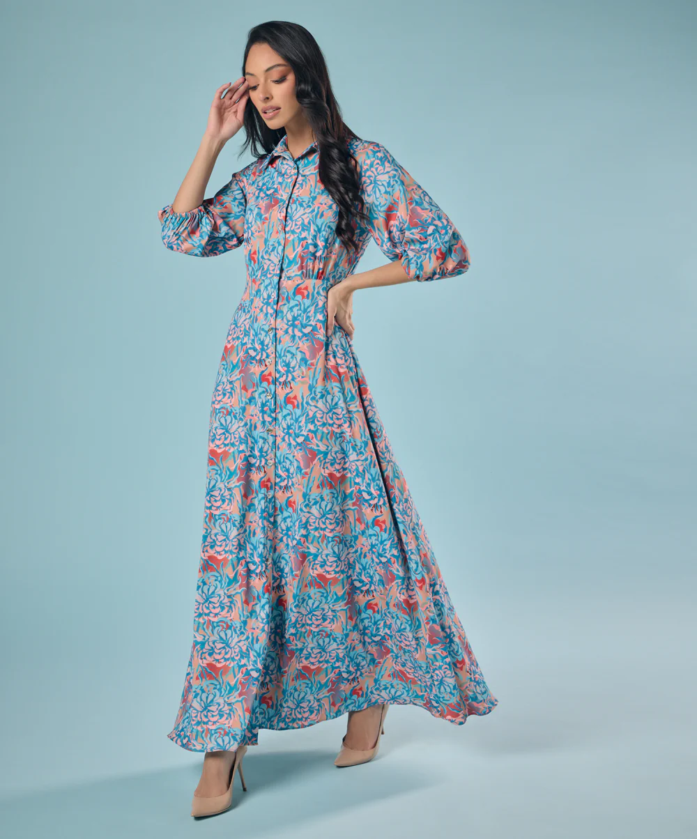 Half Sleeve Printed Chiffon Maxi Shirt Dress - Image 3