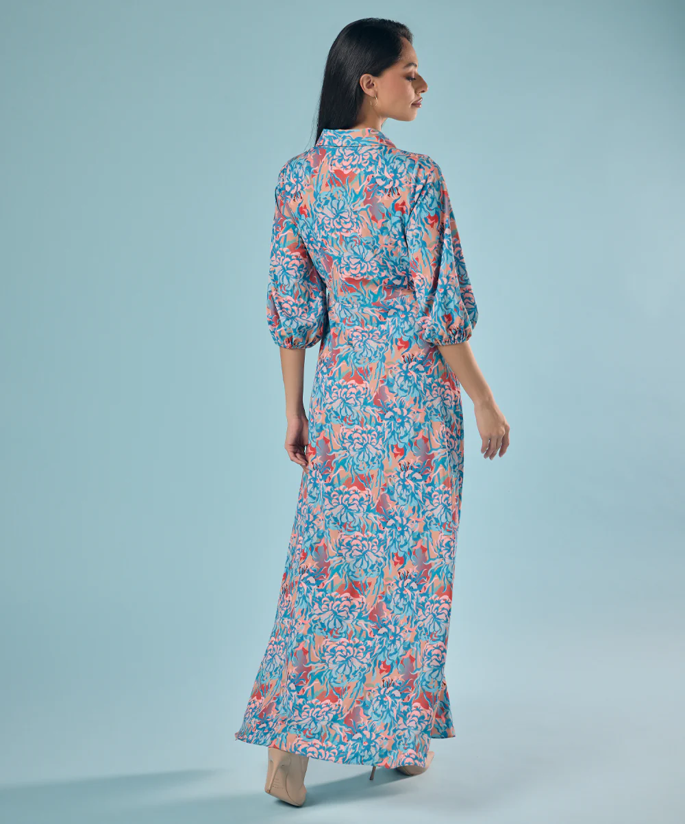 Half Sleeve Printed Chiffon Maxi Shirt Dress - Image 4
