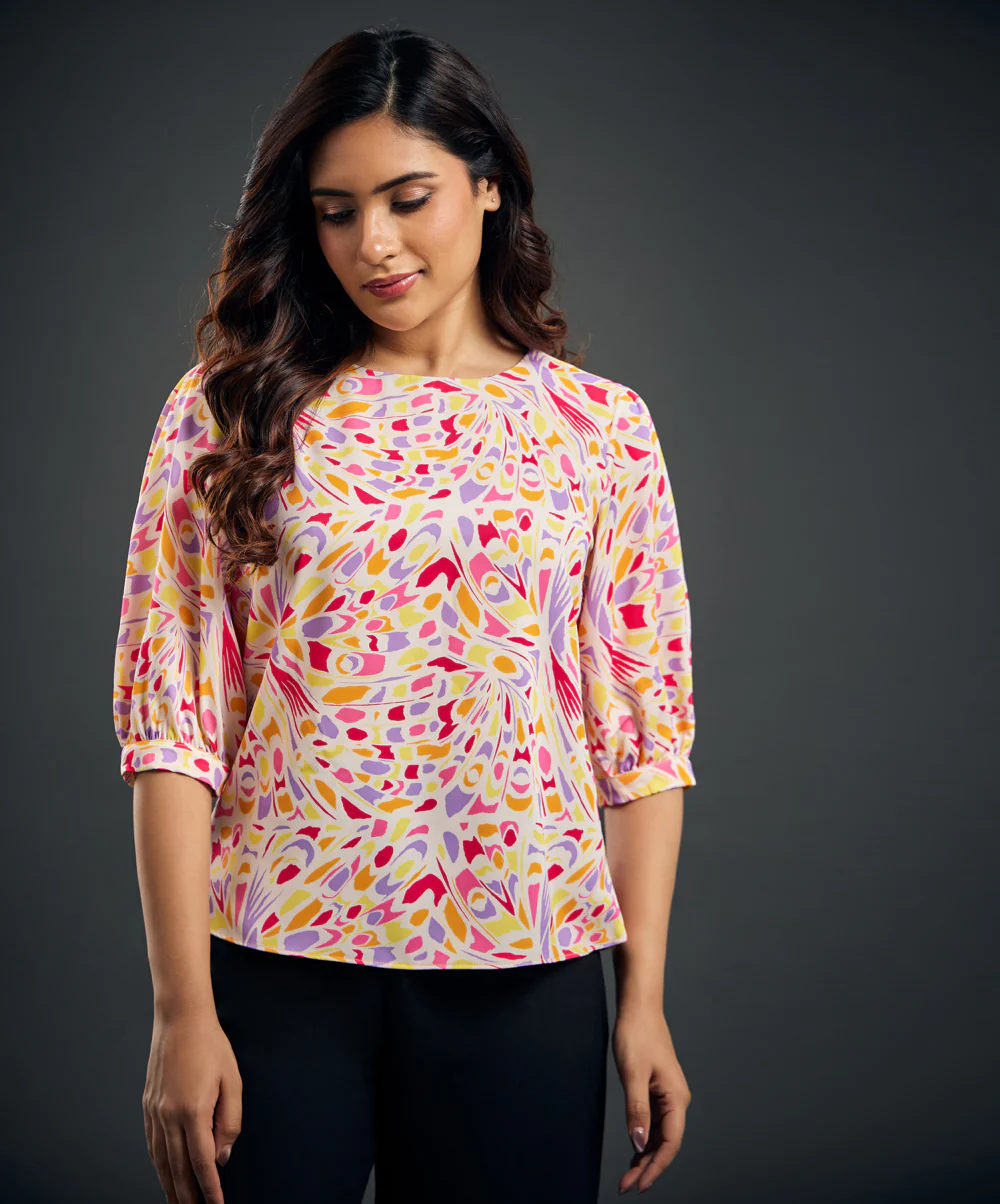Half Sleeve Printed Chiffon Peach Top - Image 2