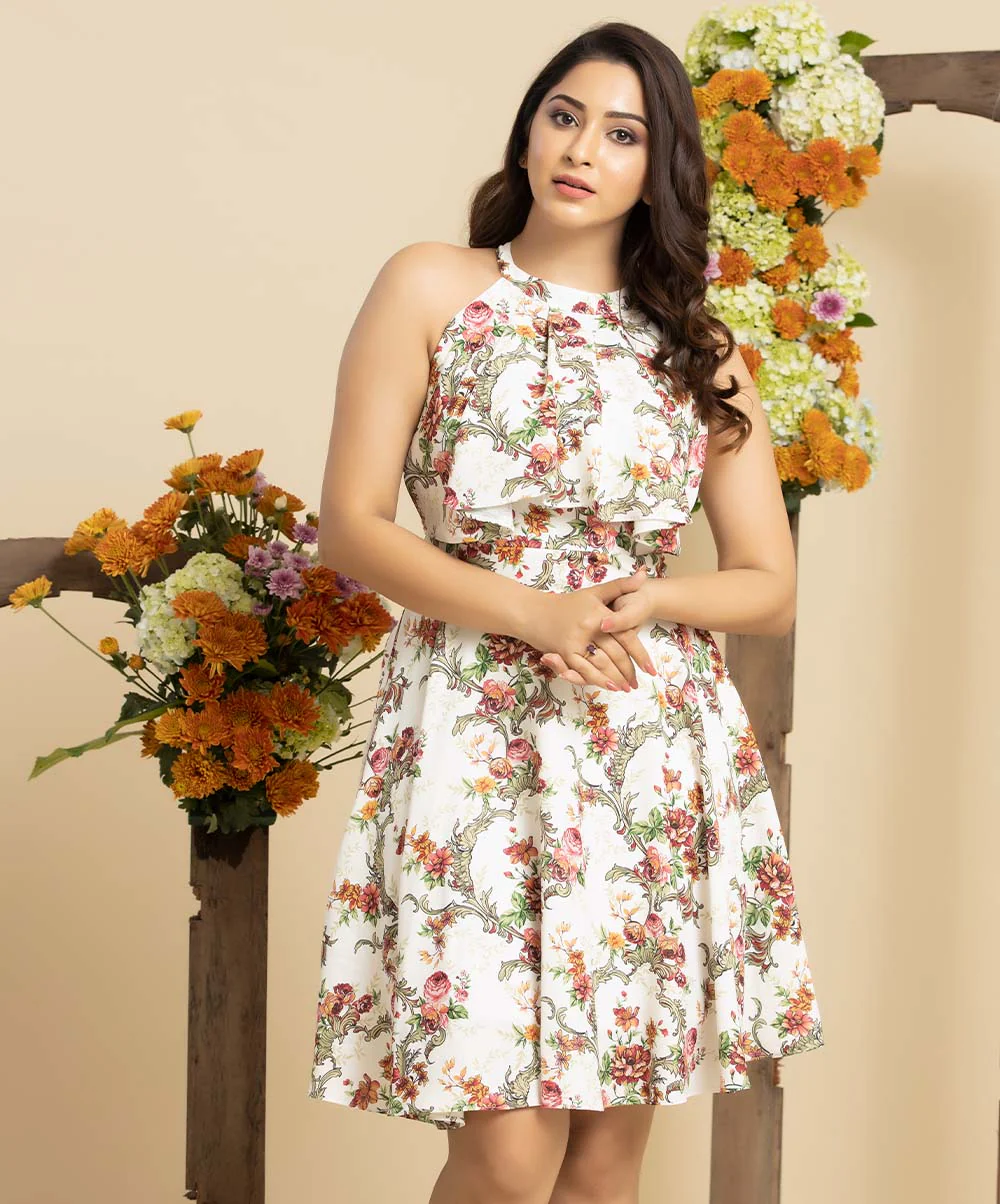 Floral Halter Neck Chiffon Dress