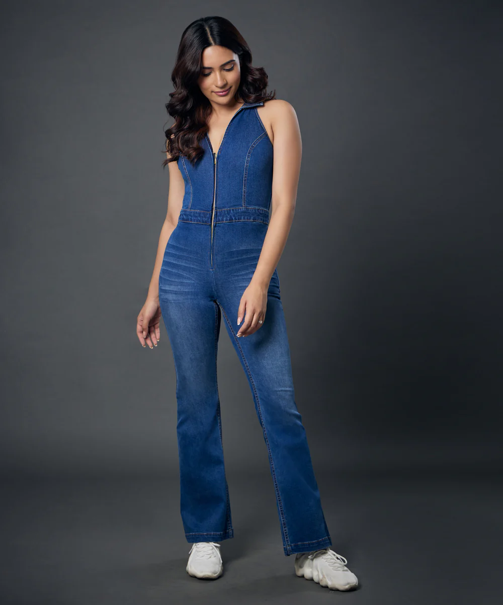 Halter Neck Front Open Denim Jumpsuit - Image 5