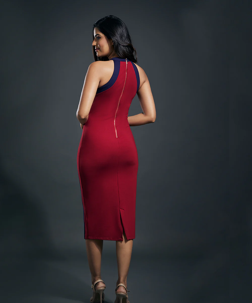 Halter Neck Paneled Ponte Bodycon Dress - Image 4