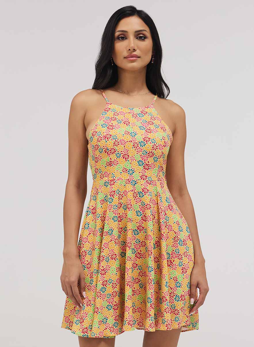 Halter Neck Skater Printed Dress - Image 2