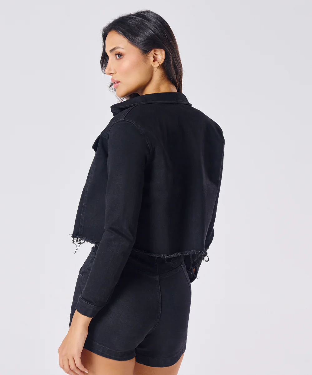 Hem Frayed Black Denim Jacket - Image 6