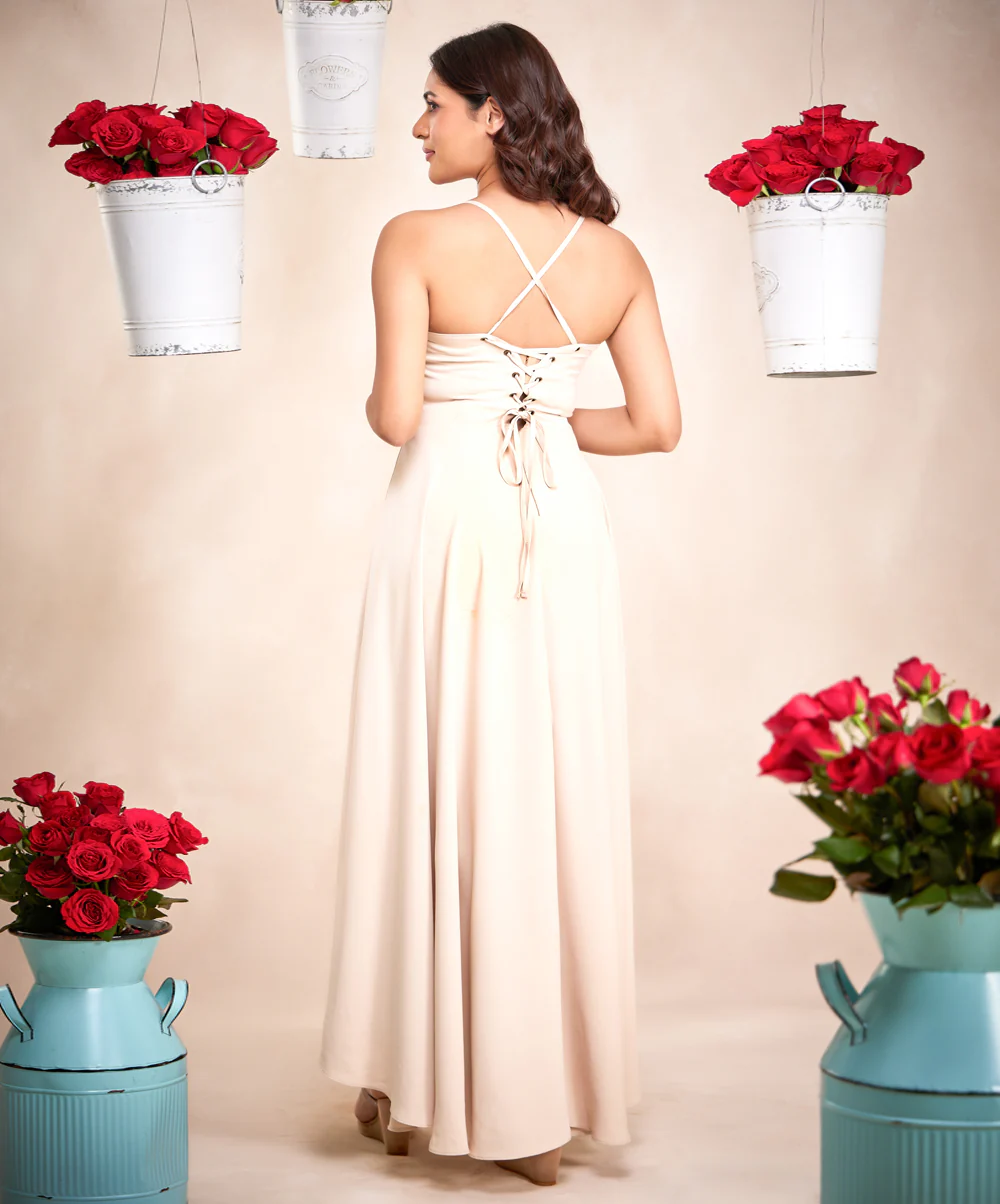 High Low Elegant Beige Maxi Dress - Image 5