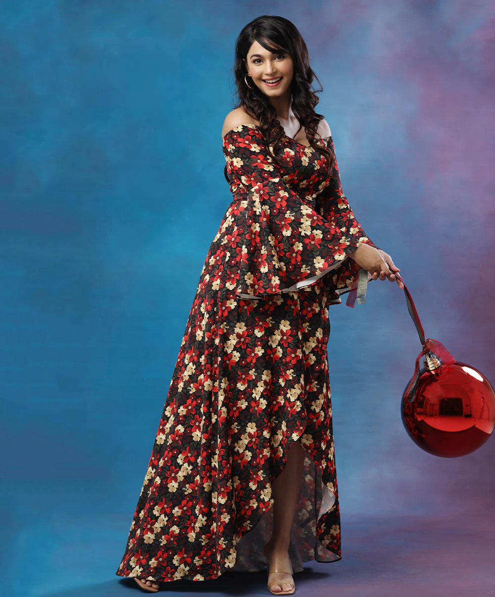 High Low Printed Sleeve Flared Maxi - Image 2