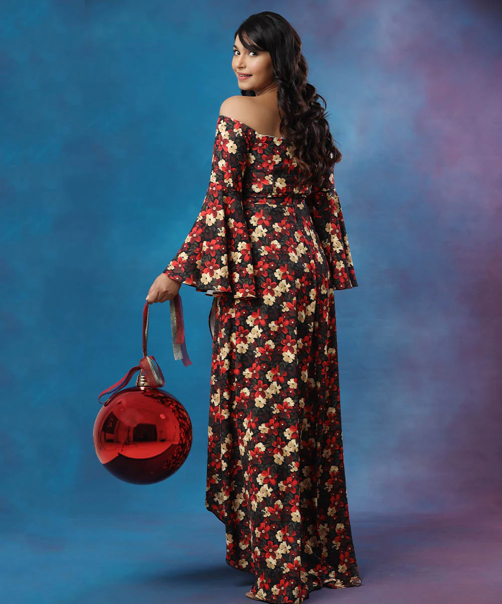 High Low Printed Sleeve Flared Maxi - Image 3