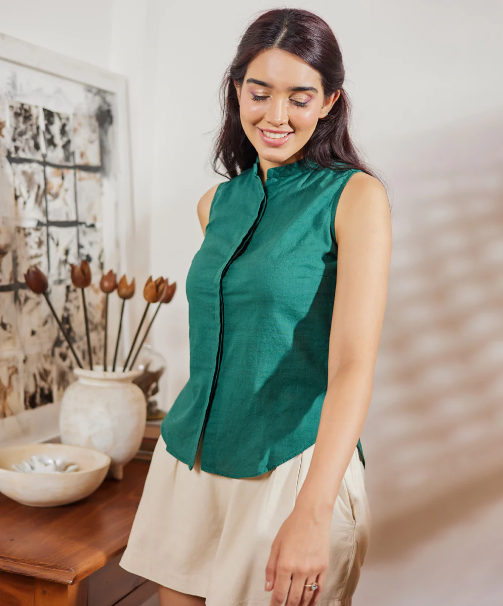 High Low Sleeveless Cotton Green Top - Image 2