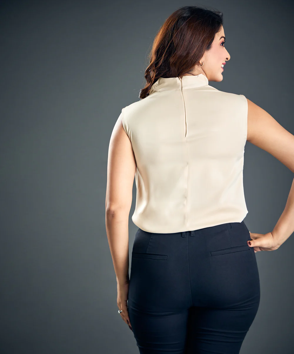 High Neck Beige Satin Top - Image 2