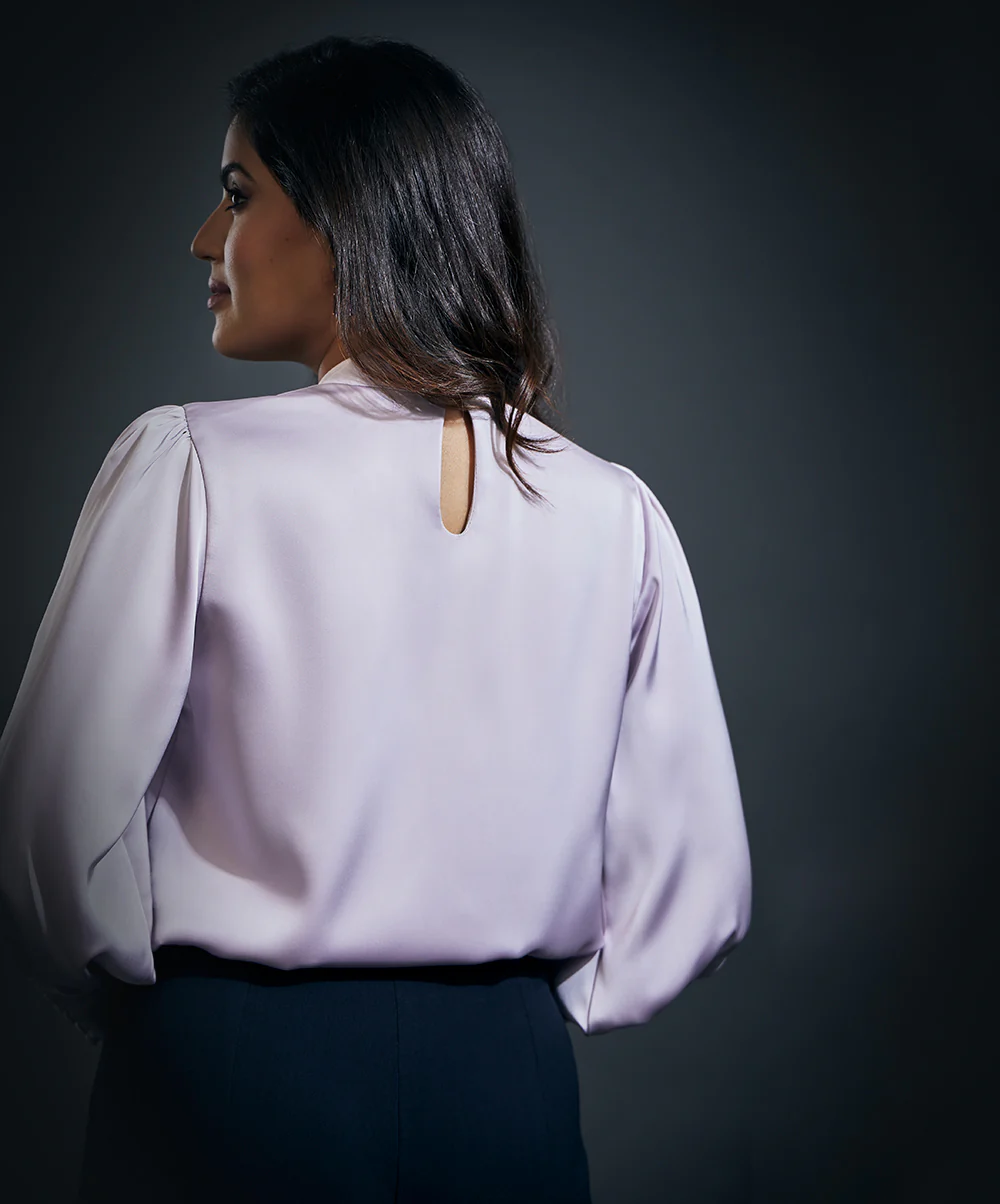 High Neck Long Sleeve Button Detailed Satin Top-Light Purple - Image 4