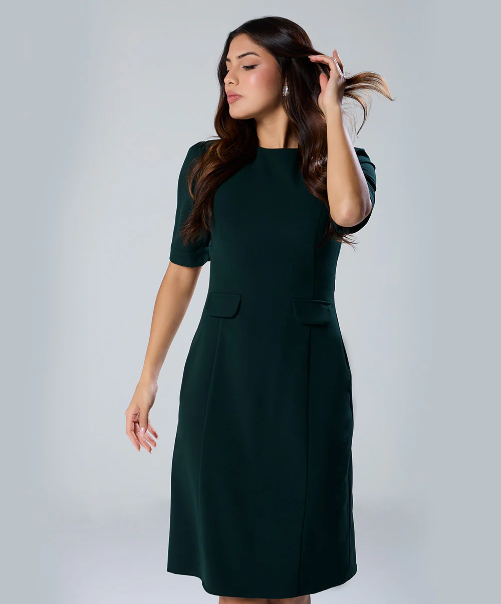 High Neck Midi Length Formal Green Dress - Image 2