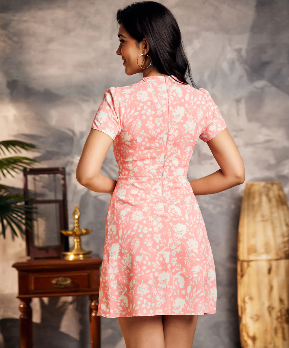 High Neck Pink Printed Mini Dress - Image 3