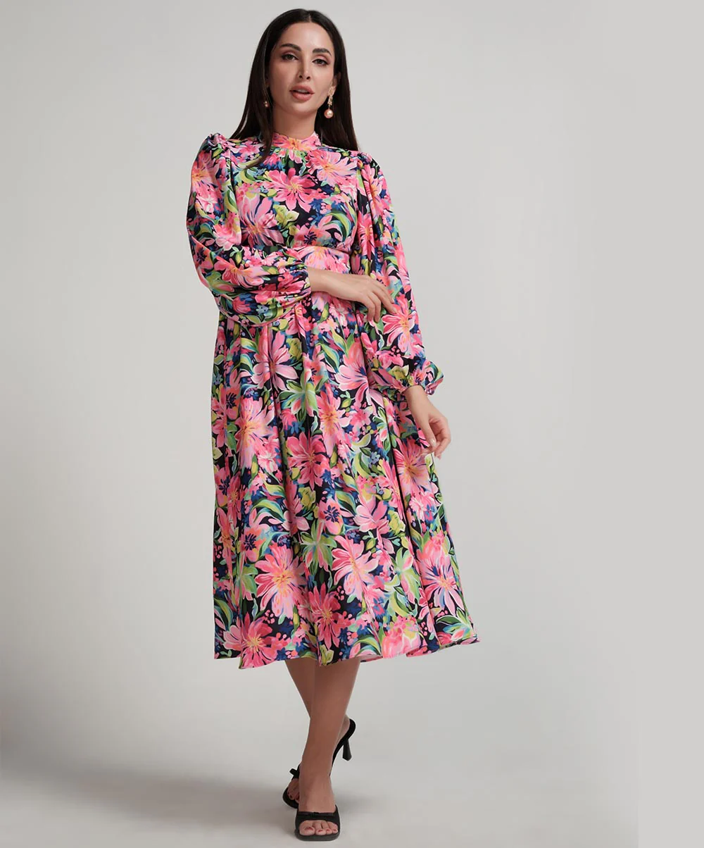 High Neck Printed Lantern Sleeve Midi Dress - Image 3