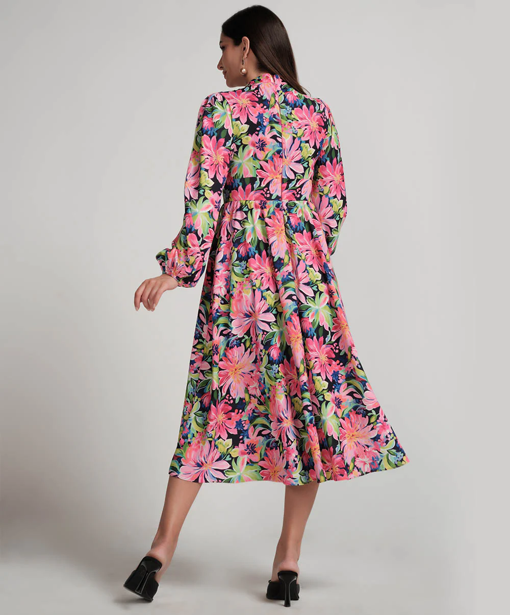 High Neck Printed Lantern Sleeve Midi Dress - Image 4