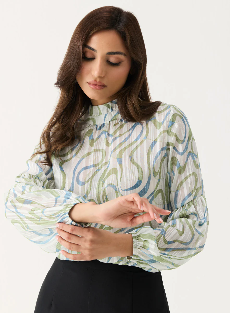 High Neck Printed Long Sleeve Top