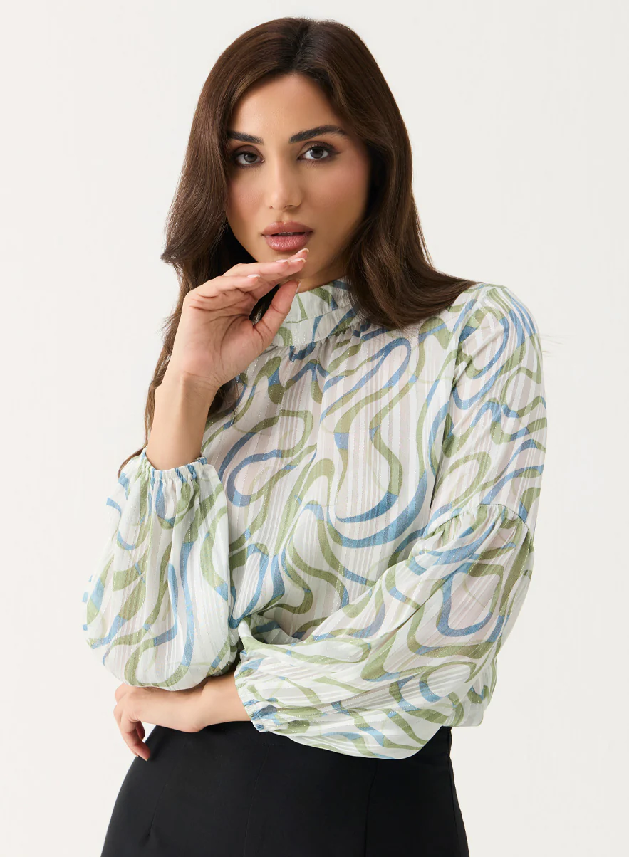 High Neck Printed Long Sleeve Top - Image 2