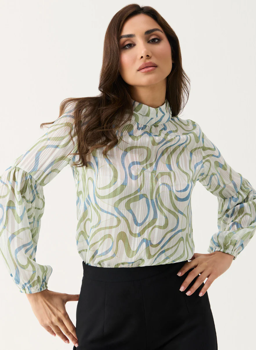 High Neck Printed Long Sleeve Top - Image 3