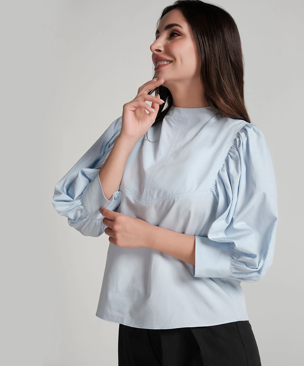 High Neck Sleeve Side Gathered Blue Top - Image 2