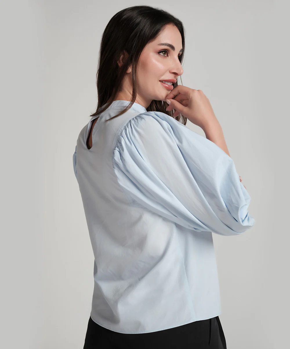 High Neck Sleeve Side Gathered Blue Top - Image 3