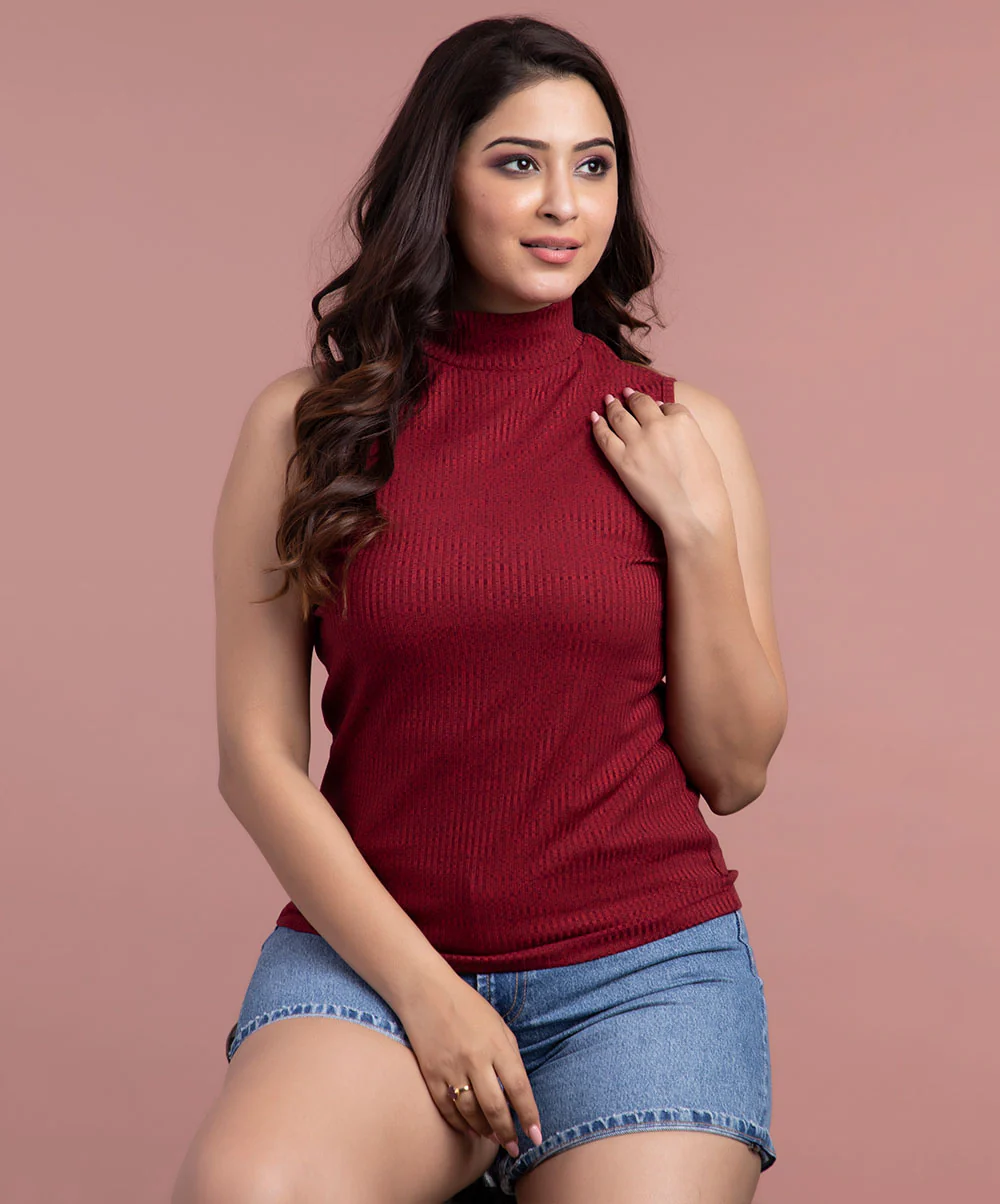 Maroon High Neck Sleeveless Rib Tshirt