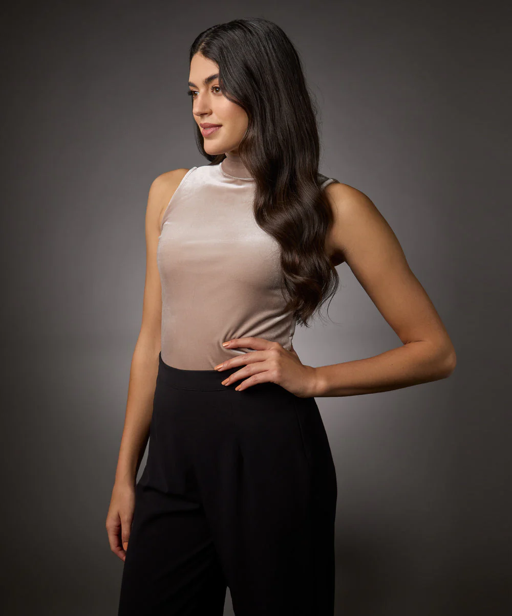 High Neck Sleeveless Velvet Top-  Beige - Image 2
