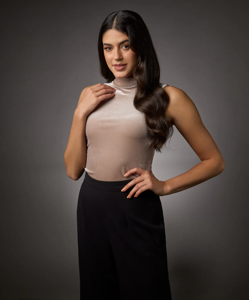 High Neck Sleeveless Velvet Top-  Beige - Image 3