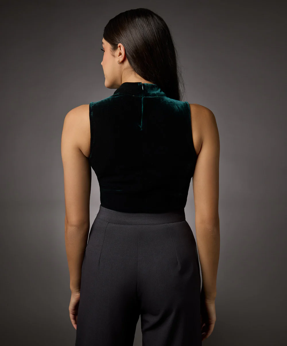 High Neck Sleeveless Velvet Top-Dark Green - Image 3