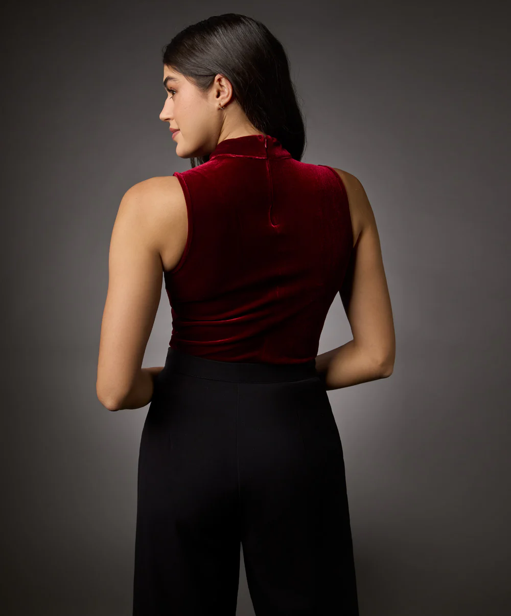 High Neck Sleeveless Velvet Top- Maroon - Image 4