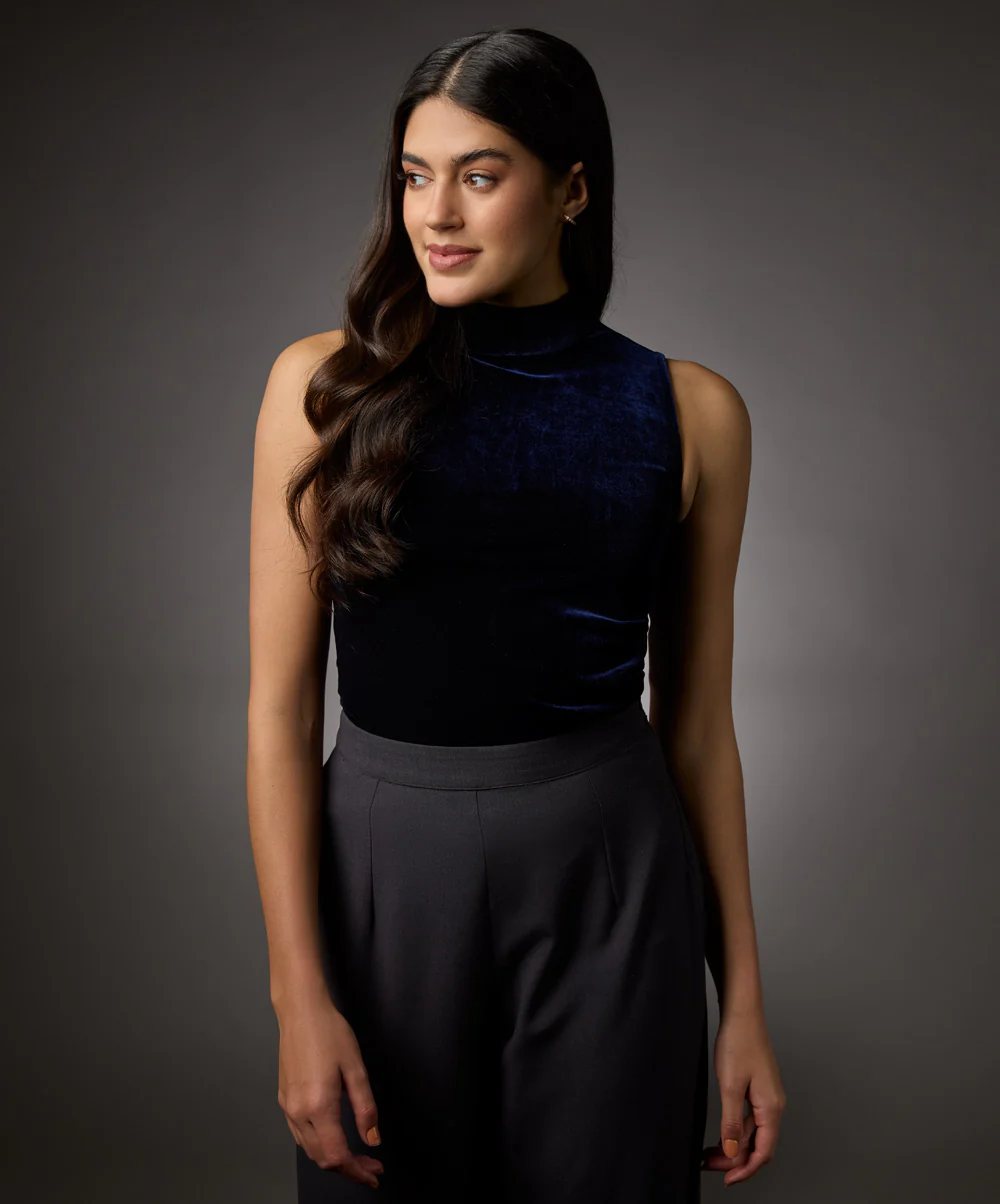High Neck Sleeveless Velvet Top-Navy Blue - Image 2