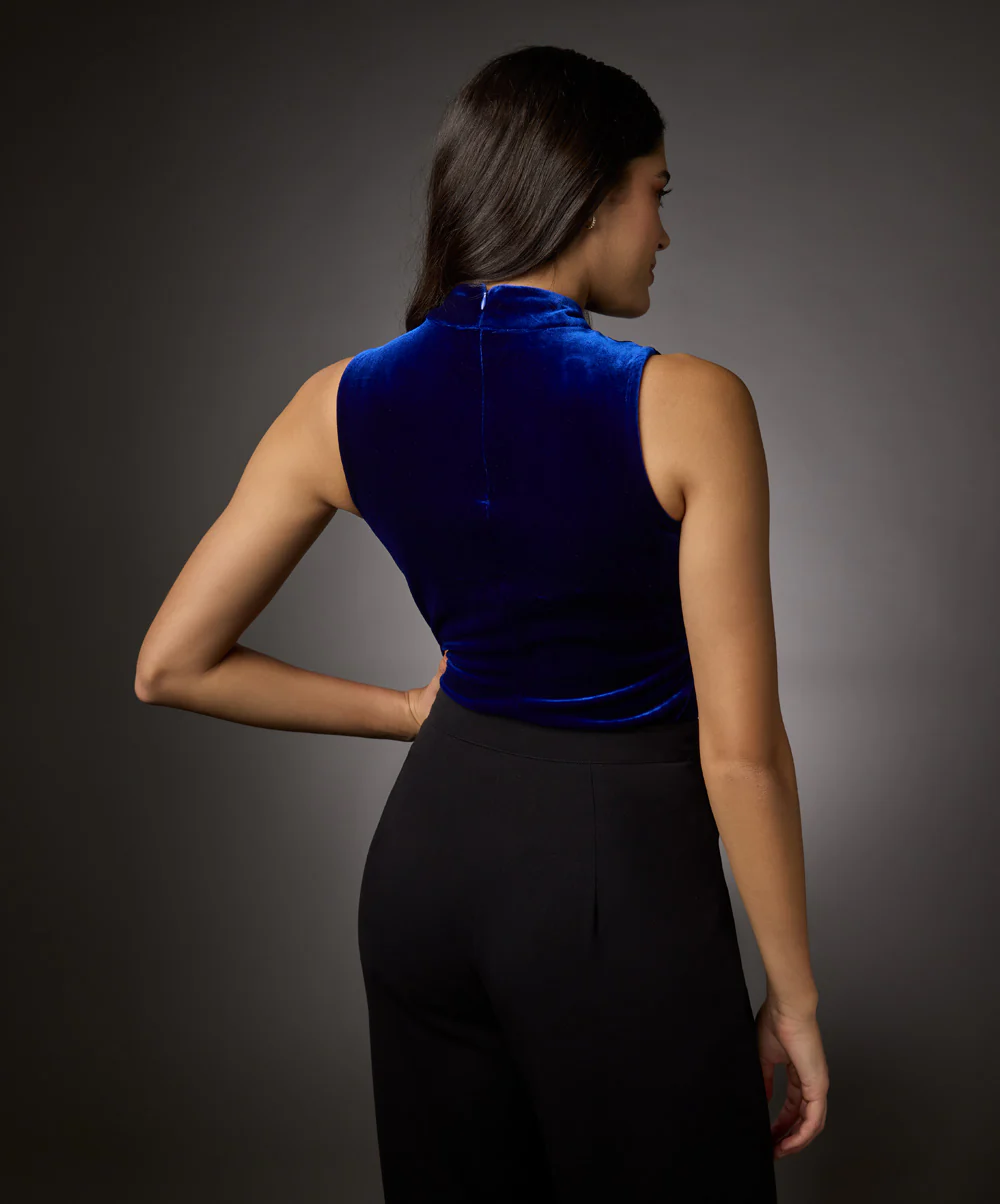 High Neck Sleeveless Velvet Top- Royal Blue - Image 4