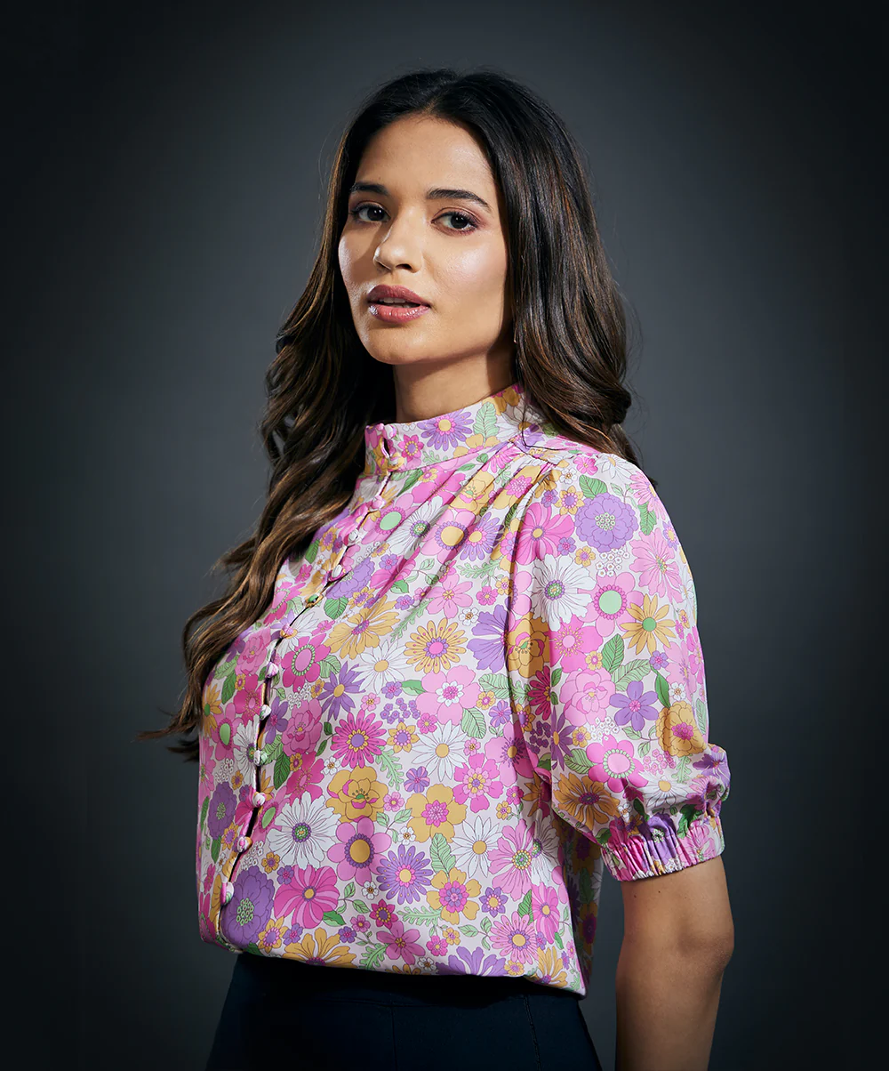 High Neck Three Quarter Sleeve Printed Formal Top - Image 2