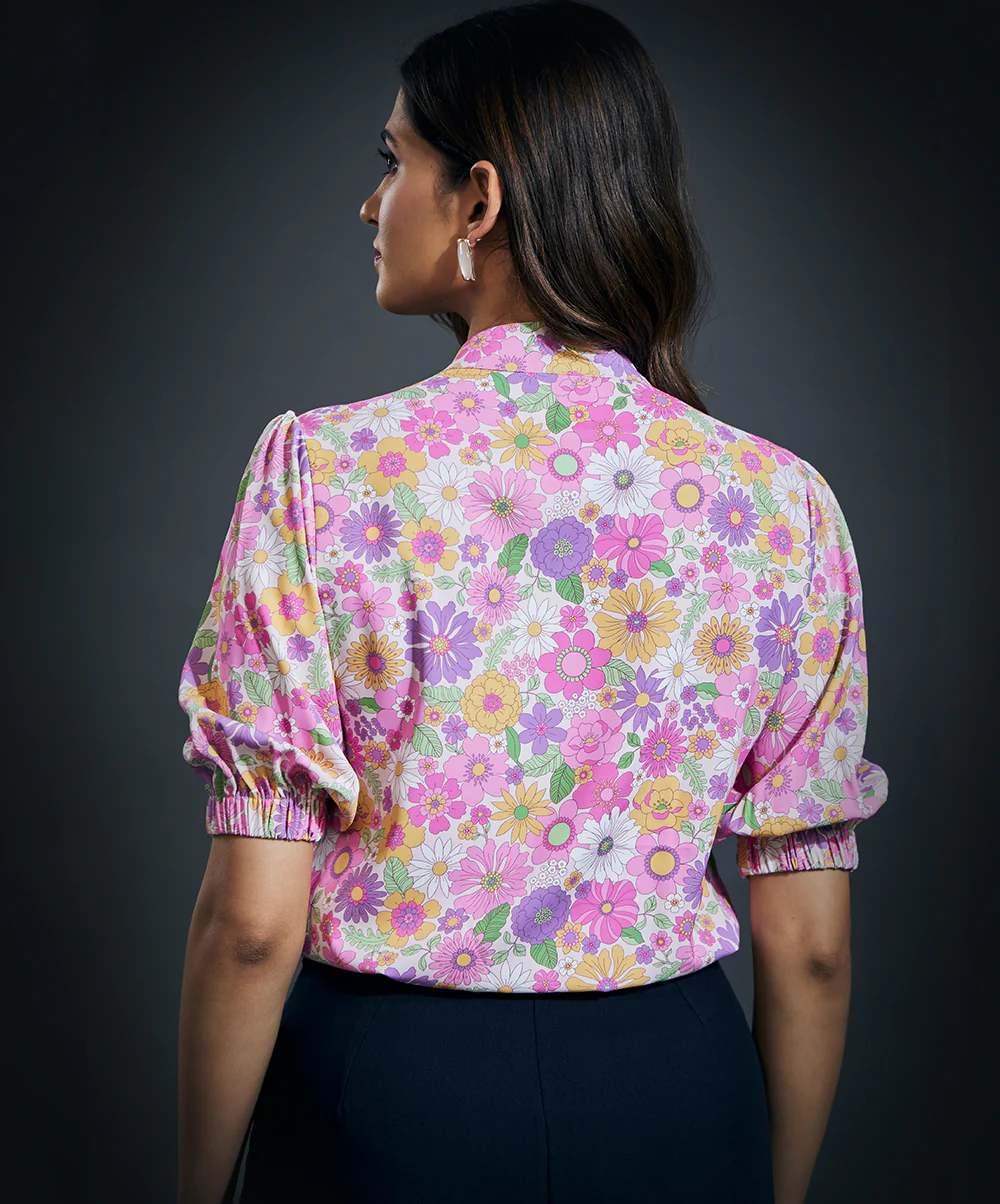High Neck Three Quarter Sleeve Printed Formal Top - Image 4