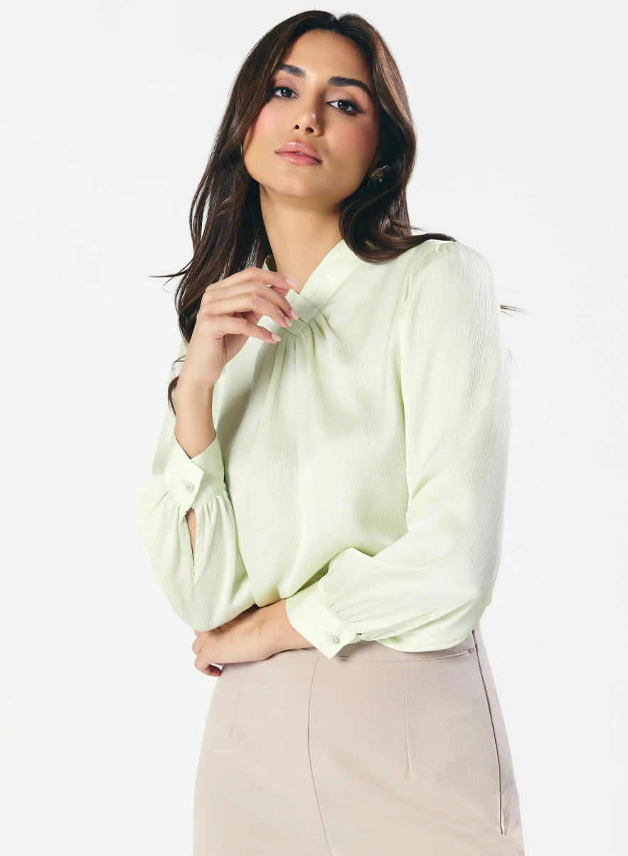 High VNeck Pleated Creamy Green Top - Image 3