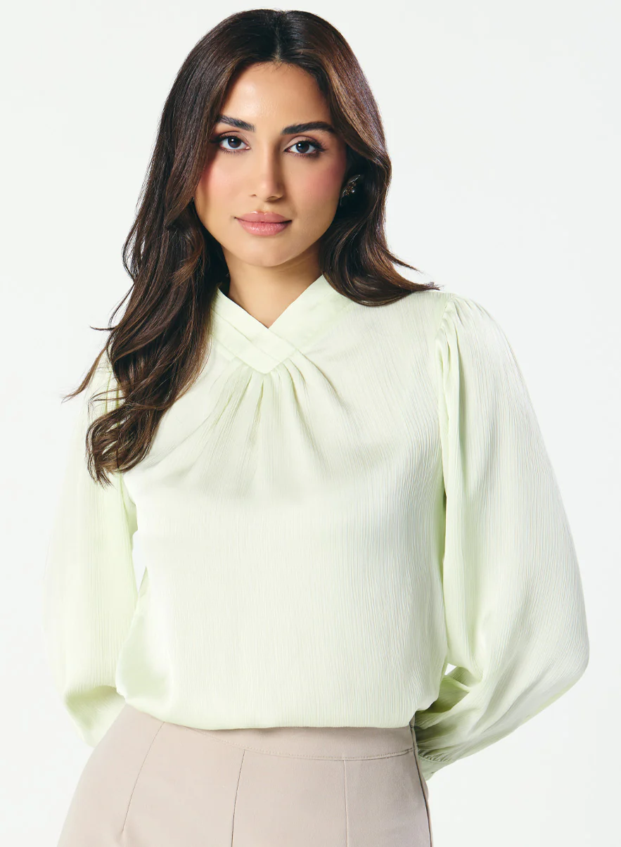 High VNeck Pleated Creamy Green Top - Image 4