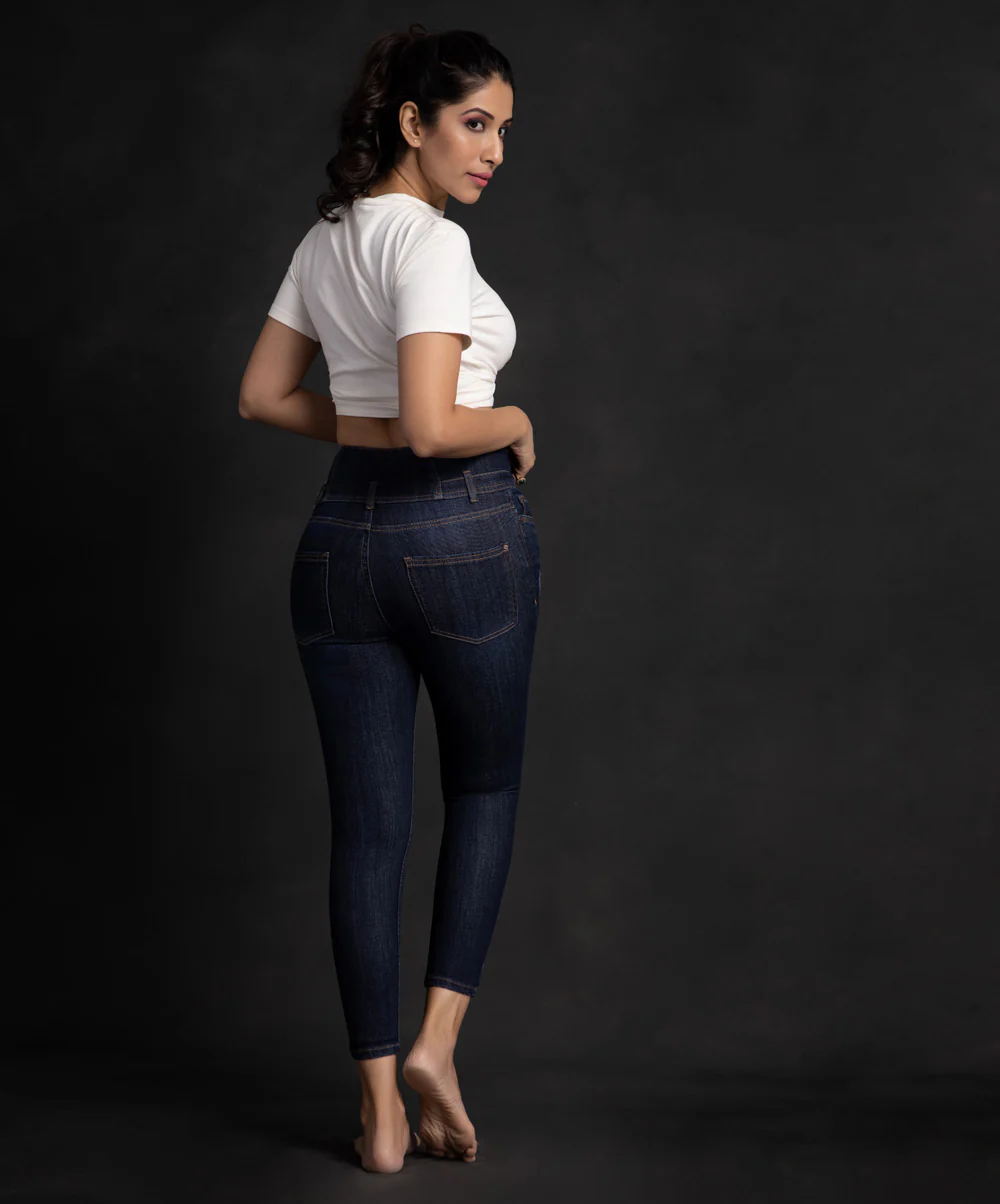 High Waist Light Shredded Dark Blue Jean - Image 2
