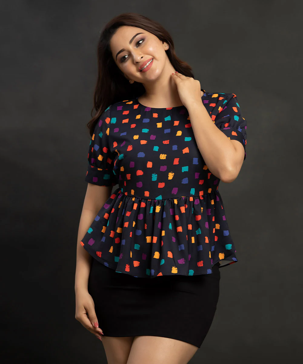Kaleidoscope Printed Chiffon Peplum Top