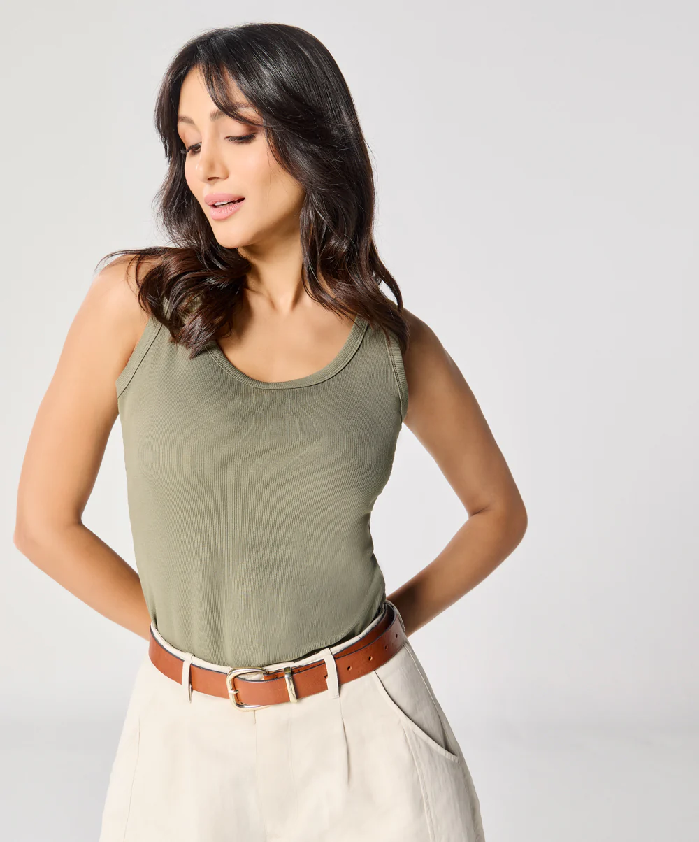 Khaki Green Rib Cami Top - Image 2