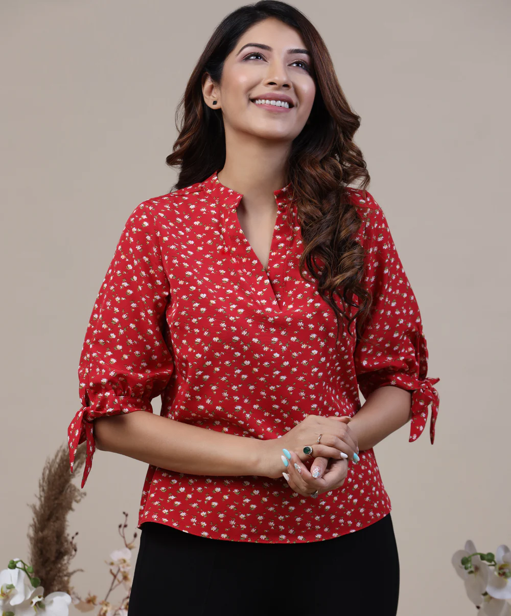 Knot Cuff Floral Printed Red Top