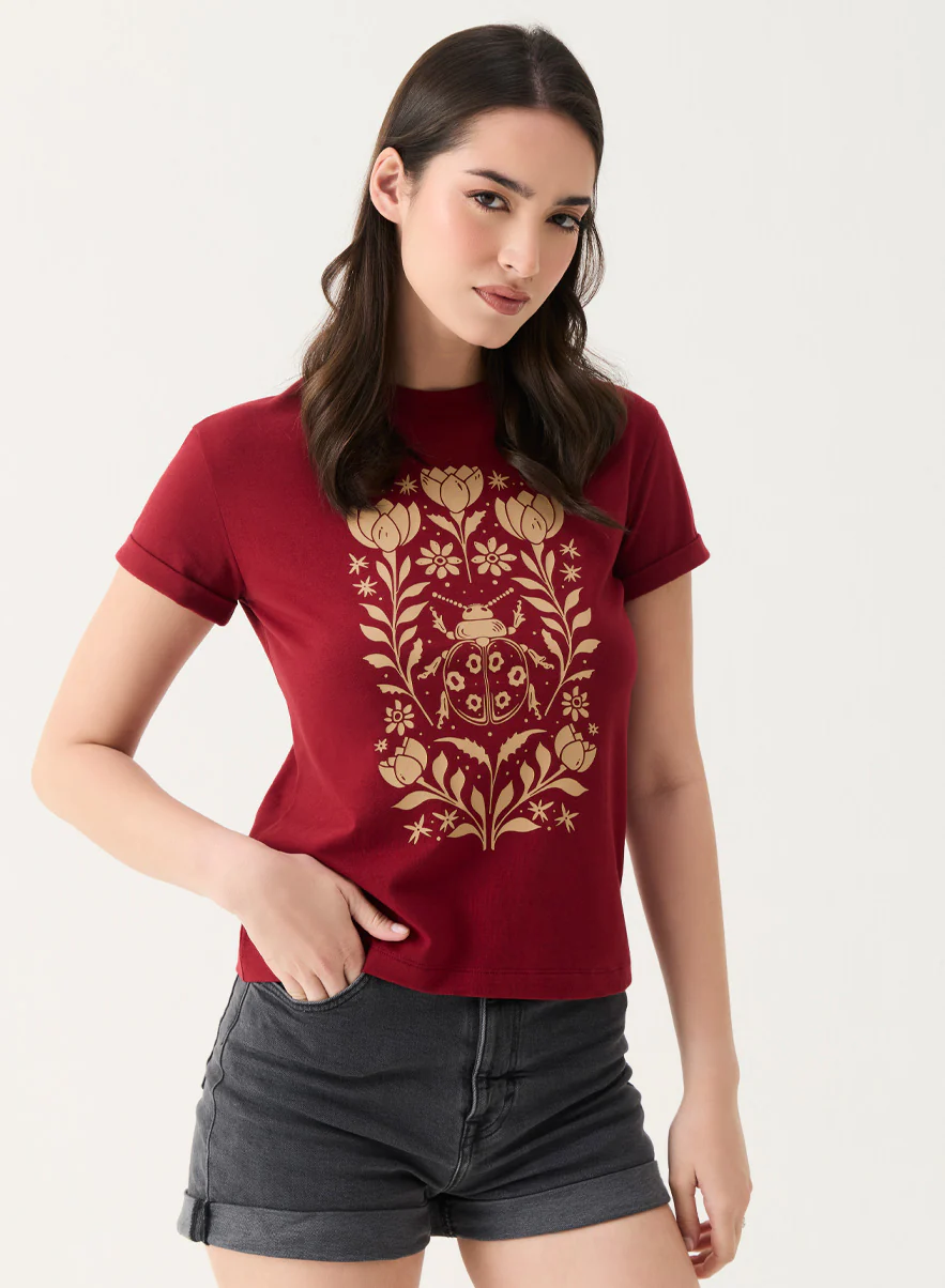 Ladybug Printed Maroon Crew-Neck T-shirt - Image 3