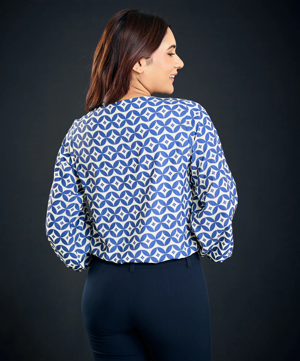 Lantern Sleeve Blue Printed Blouse - Image 4