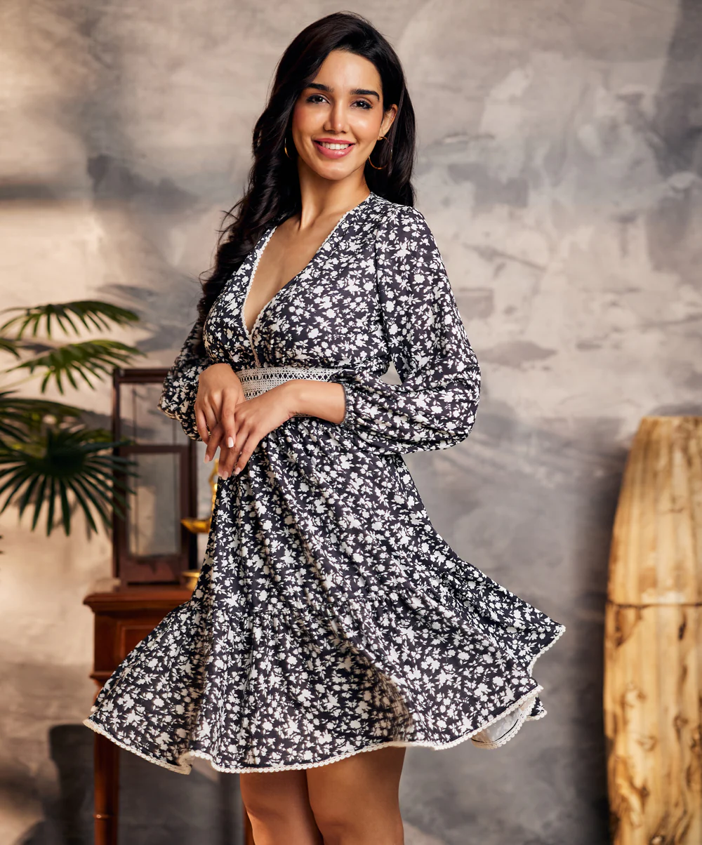 Lantern Sleeve Lace Trim Floral Dress - Image 3