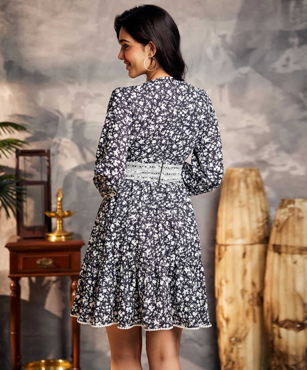 Lantern Sleeve Lace Trim Floral Dress - Image 5