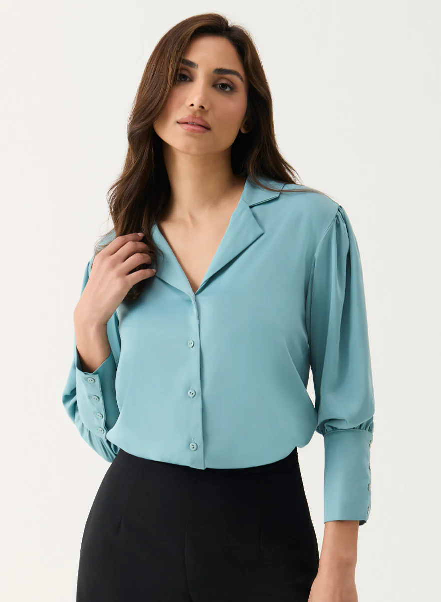 Lapel Collared Sation Shirt Top -Light Blue - Image 4