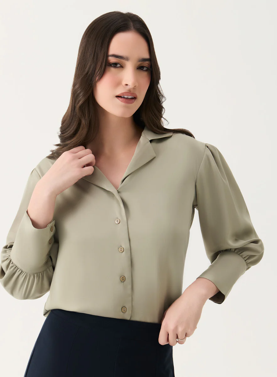 Lapel Collared Sation Shirt Top- Light Brown - Image 2