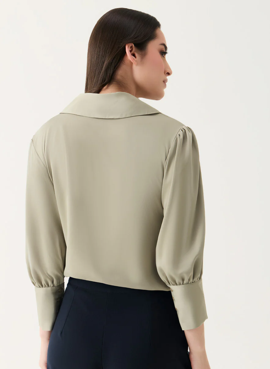 Lapel Collared Sation Shirt Top- Light Brown - Image 3
