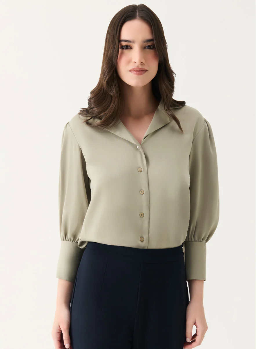 Lapel Collared Sation Shirt Top- Light Brown - Image 4