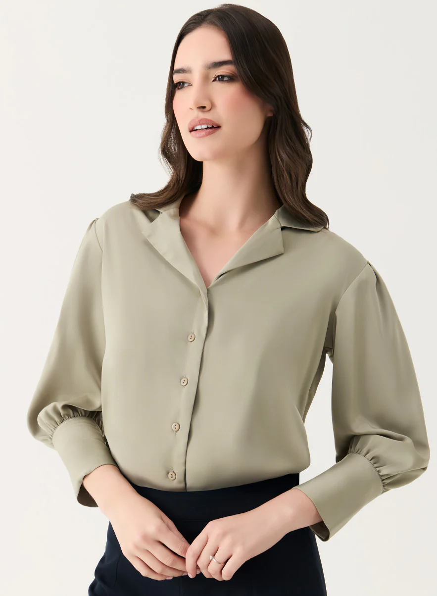 Lapel Collared Sation Shirt Top- Light Brown - Image 5