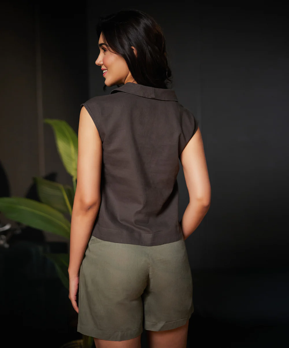 Lapel Vneck Linen Olive Top - Image 3