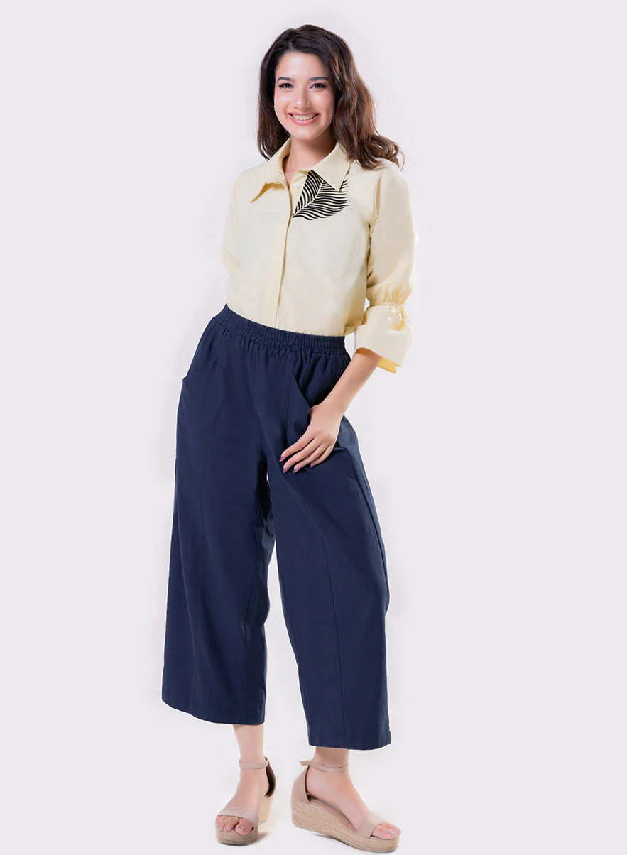 Leaf Embroidered Shirt Top-Yellow - Image 2